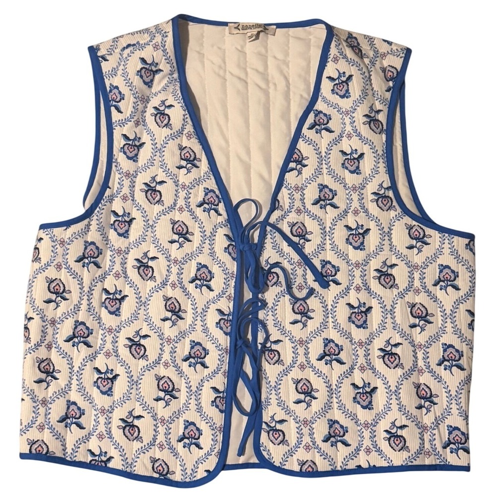 NWT Nanette Lepore Womens Quilted Boho Floral Lace Up Vest Cream Blue Size M